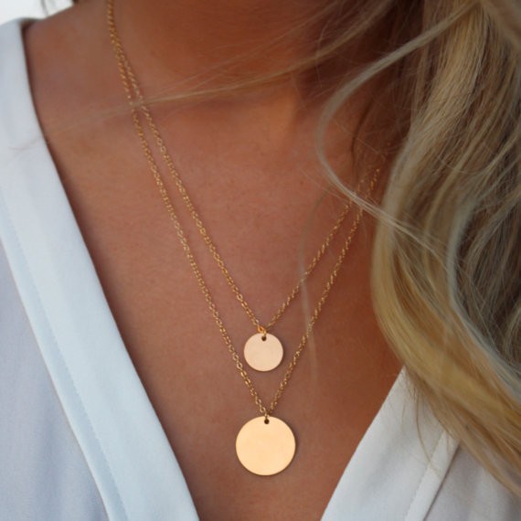 Women's Gold Double Layered Coin Chain Pendant Necklace. 
