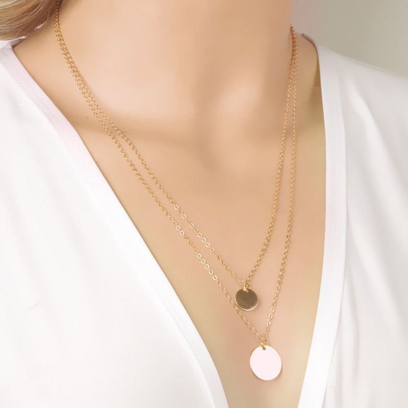 Women's Gold Double Layered Coin Chain Pendant Necklace. 
