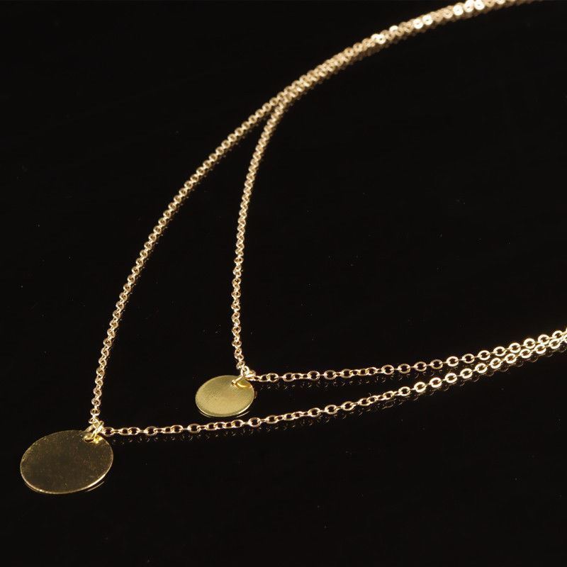Women's Gold Double Layered Coin Chain Pendant Necklace. 