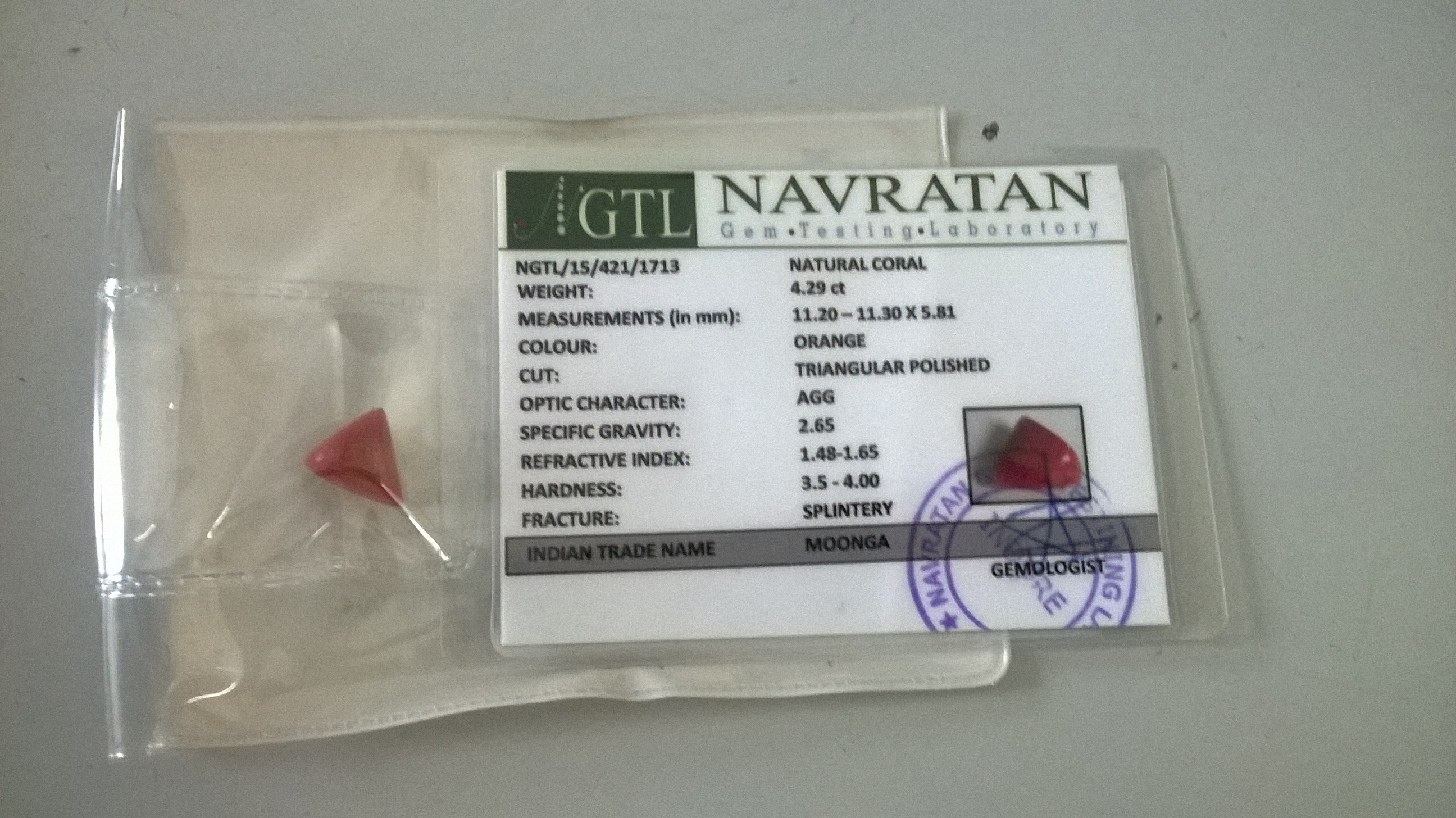 4.29 Cts Certified 100% Natural Coral Trangular Polished Shape Loose Gemstone (Size : 11.20X11.30X5.81 MM)