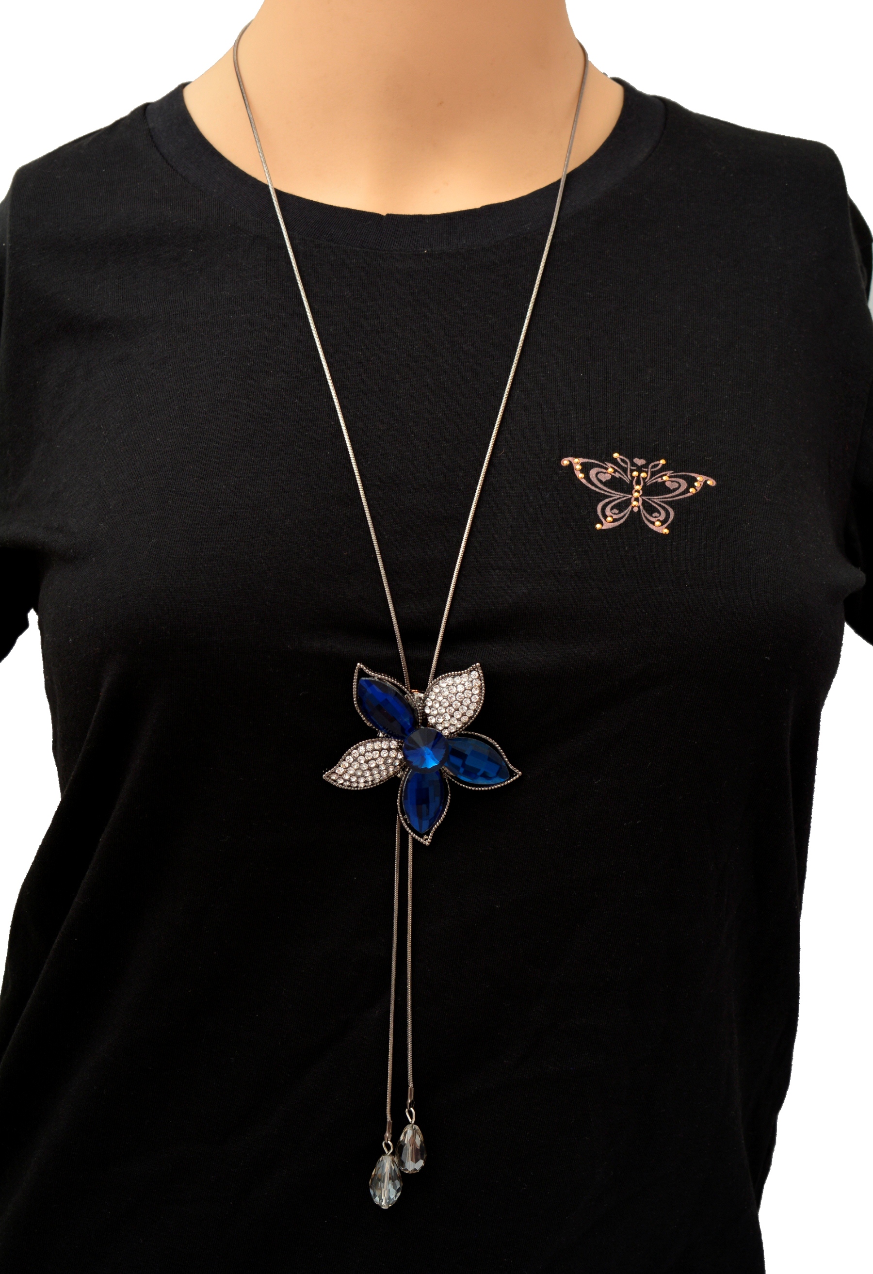 Shopaholic Fashion Long Neck Piece With Royal Blue Flower Wedding ,Partywear For Women , Girls