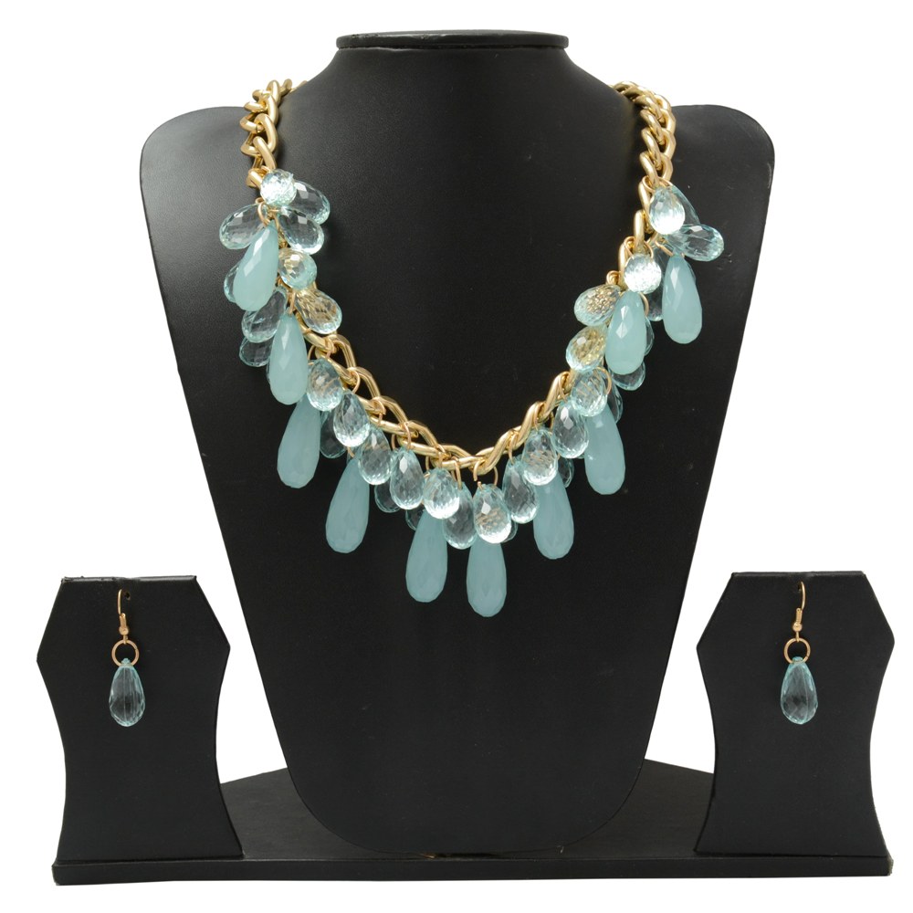 Shopaholic Fashion Blue Drop Hanging Neck Piece With Ear Ring Wedding ,Partywear For Women , Girls