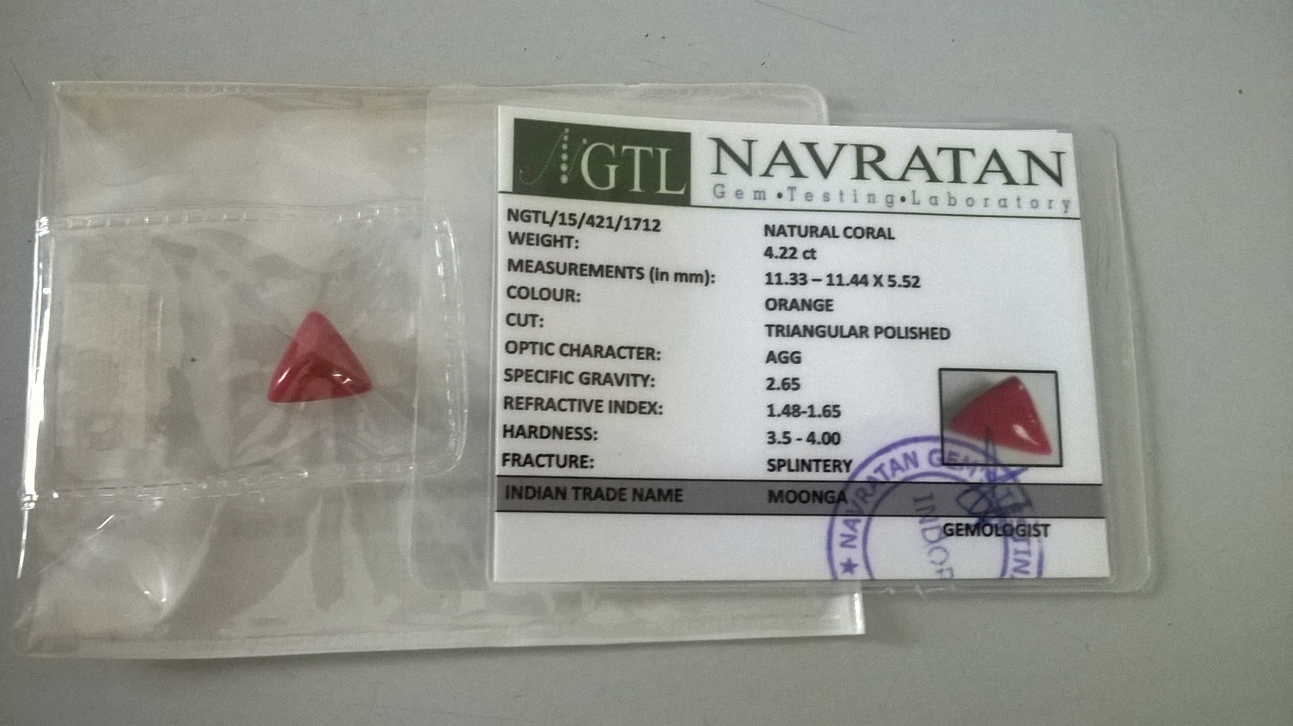 4.22 Cts Certified 100% Natural Coral Trangular Polished Shape Loose Gemstone (Size : 11.33X11.44X5.52 MM)