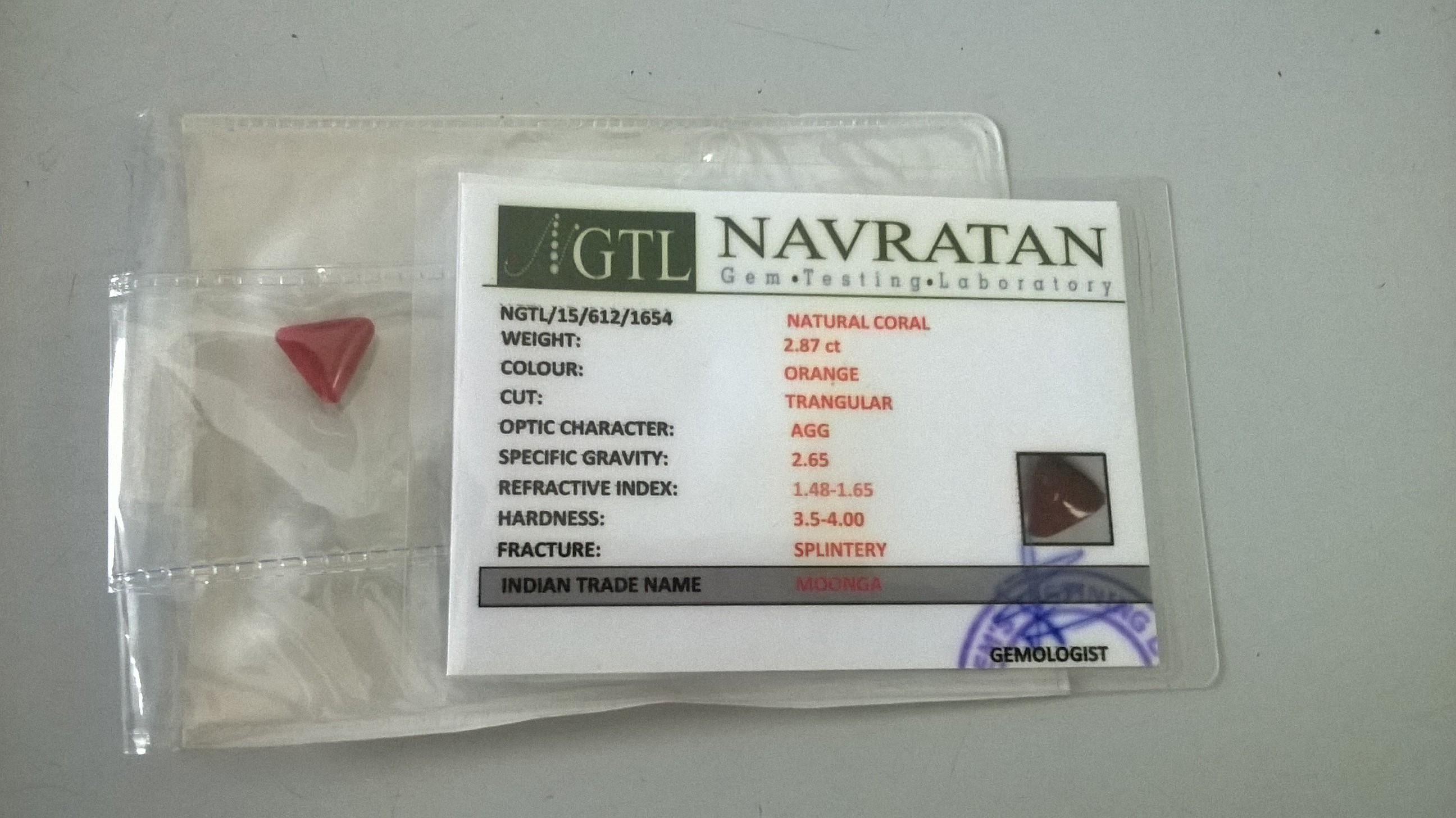 2.87 Cts Certified 100% Natural Coral Trangular Shape Loose Gemstone