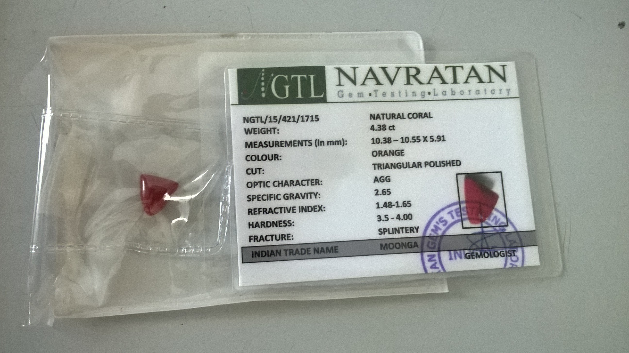 4.38 Cts Certified 100% Natural Coral Trangular Polished Shape Loose Gemstone (Size : 10.38X10.55X5.91 MM)