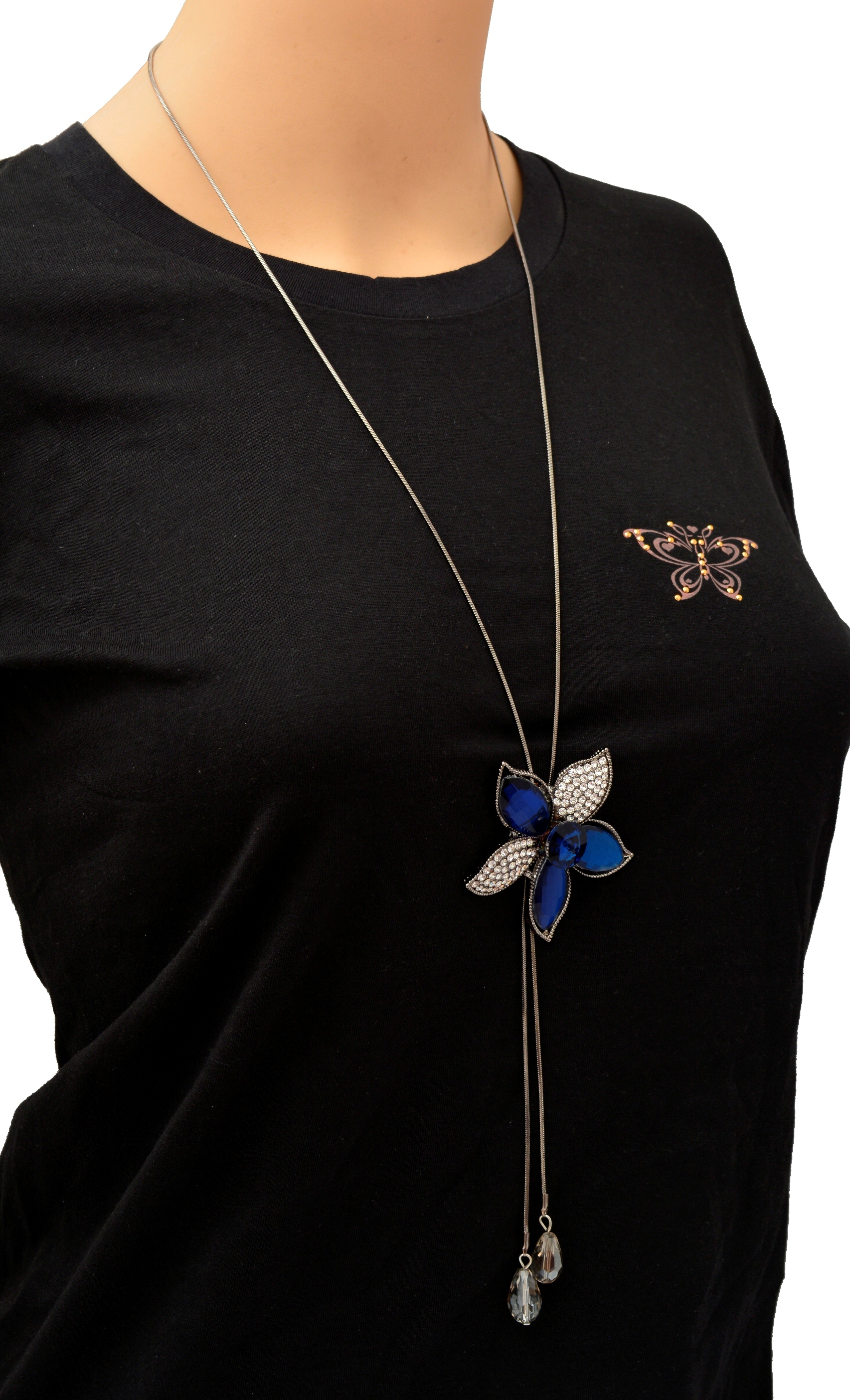 Shopaholic Fashion Long Neck Piece With Royal Blue Flower Wedding ,Partywear For Women , Girls