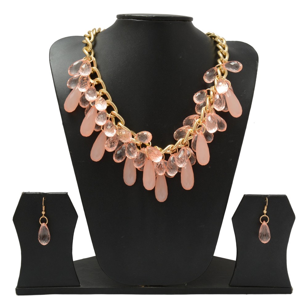 Shopaholic Fashion Peach Drop Hanging Neck Piece With Ear Ring Wedding ,Partywear For Women , Girls