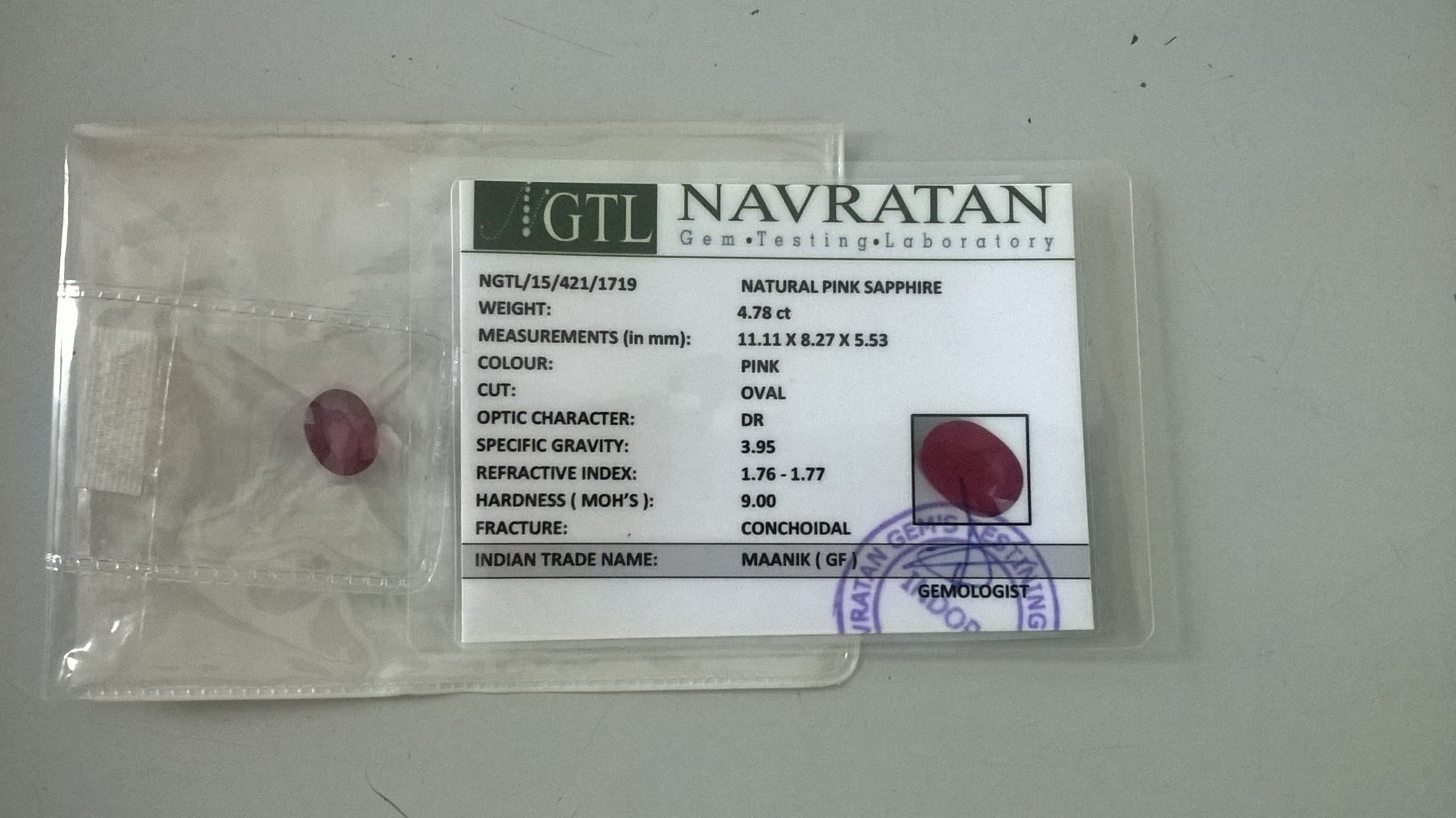 4.78 Cts Certified 100% Natural Pink Sapphire Oval Shape Loose Gemstone (Size : 11.11X8.27X5.53 MM)