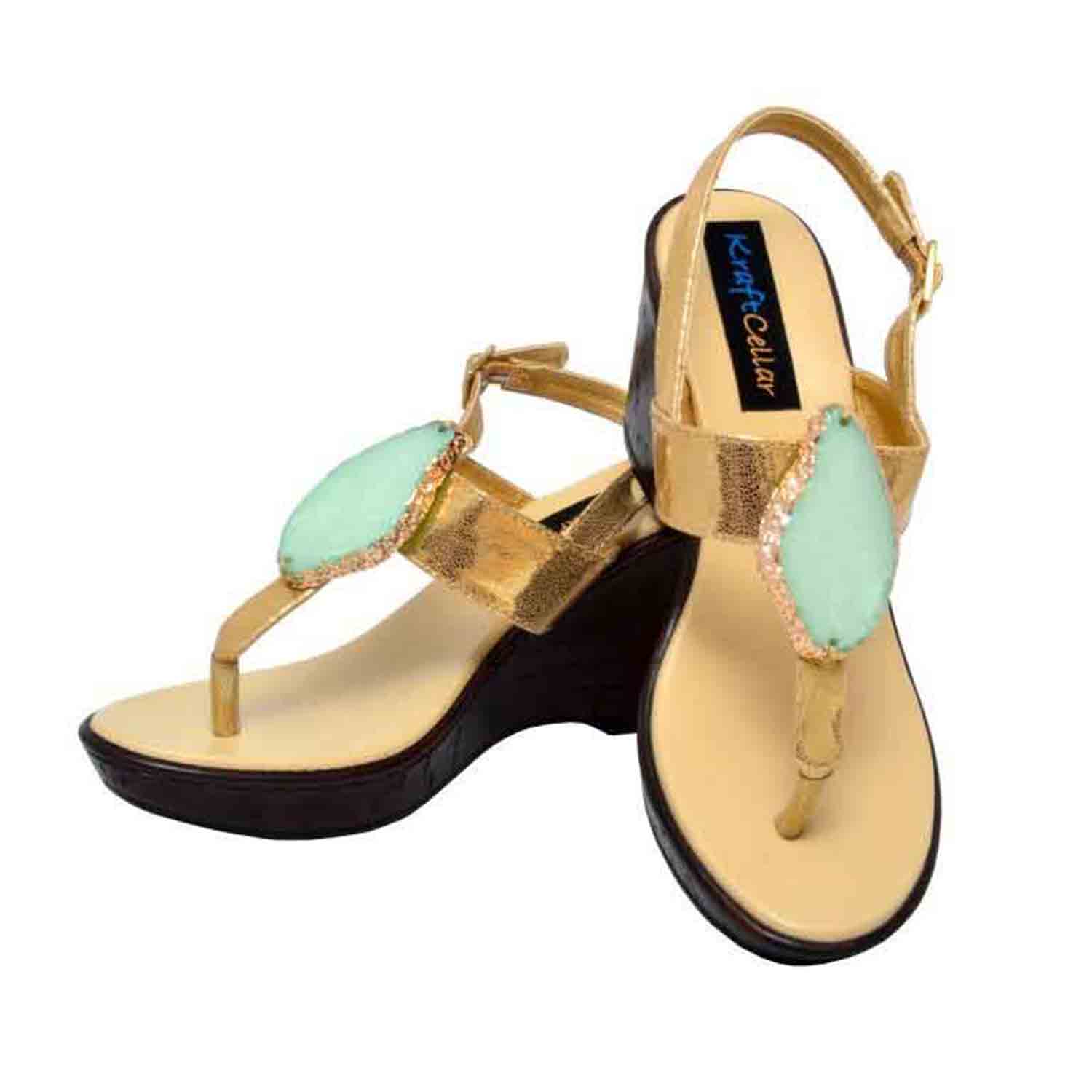 KraftCellar Carribean Spice,Gold-Grey wedge sandals (size-38)