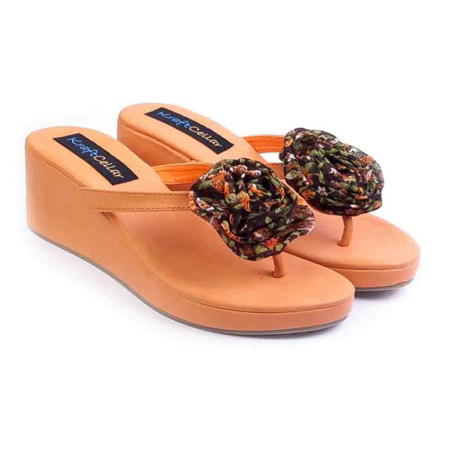 KraftCellar Bubblegum,Brown + Orange wedge sandals (size-38)