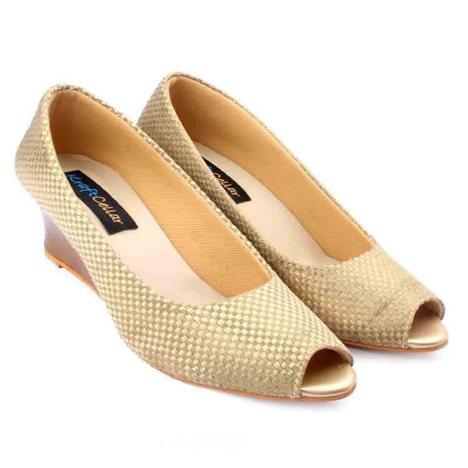 KraftCellar Gold Square,dark gold peep toe wedges (size-37)