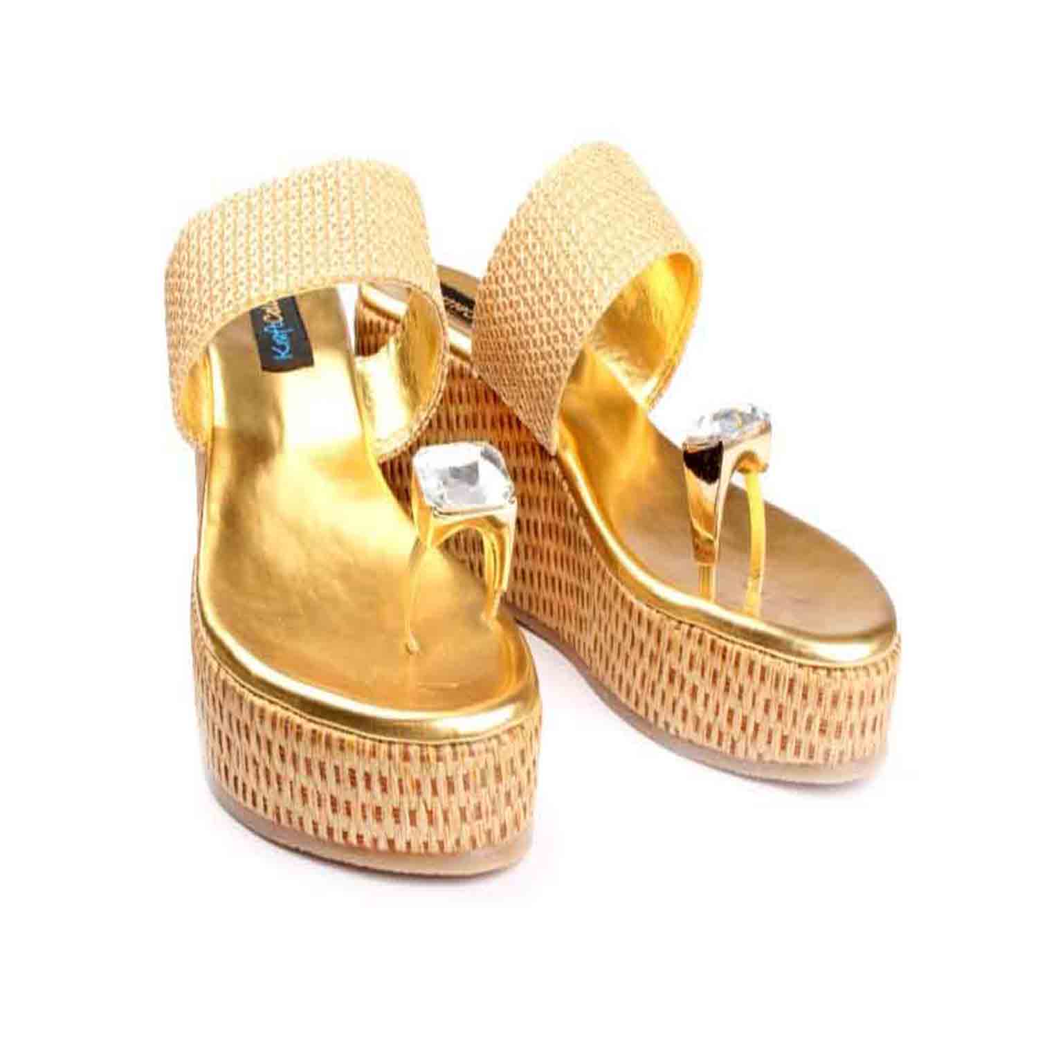 KraftCellar Crystal Queen,Gold platform heel sandal (size-37)