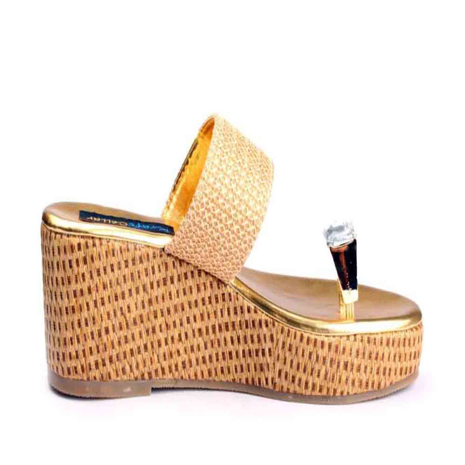KraftCellar Crystal Queen,Gold platform heel sandal (size-36)