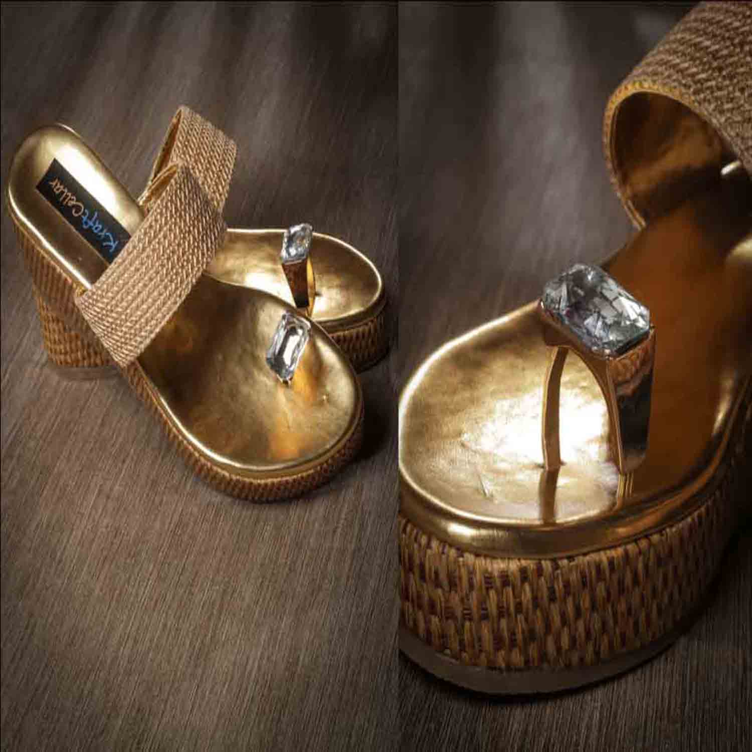 KraftCellar Crystal Queen,Gold platform heel sandal (size-37)