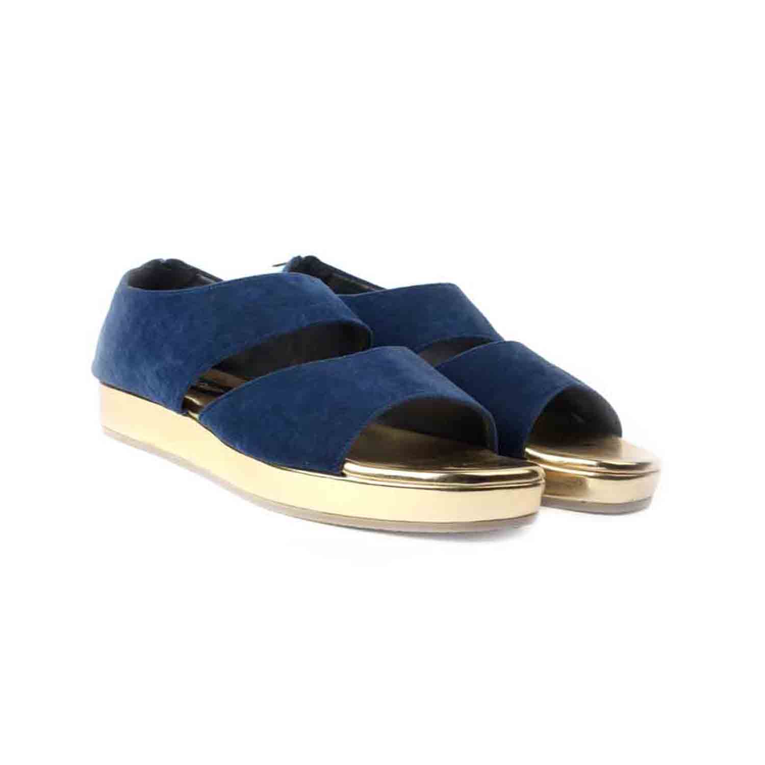 KraftCellar Velvet Fusion,blue-gold platform heel sandal (size-37)